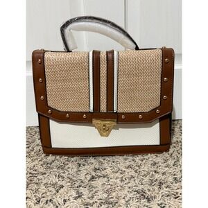 Adrienne Vittadini Structured Top Handle Satchel Bag Tan White Gold Accent